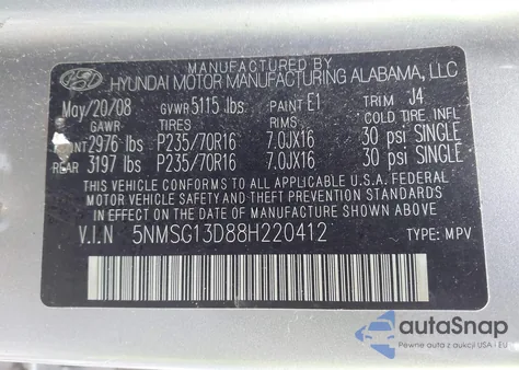 2008 Hyundai Santa Fe Gls z USA, uszkodzony, nr VIN 5NMSG13D88H220412